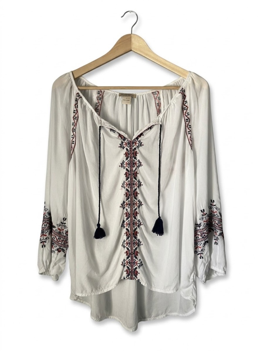 Lucky Brand Embroidered Geometric Bohemian Peasant Blouse Size Large